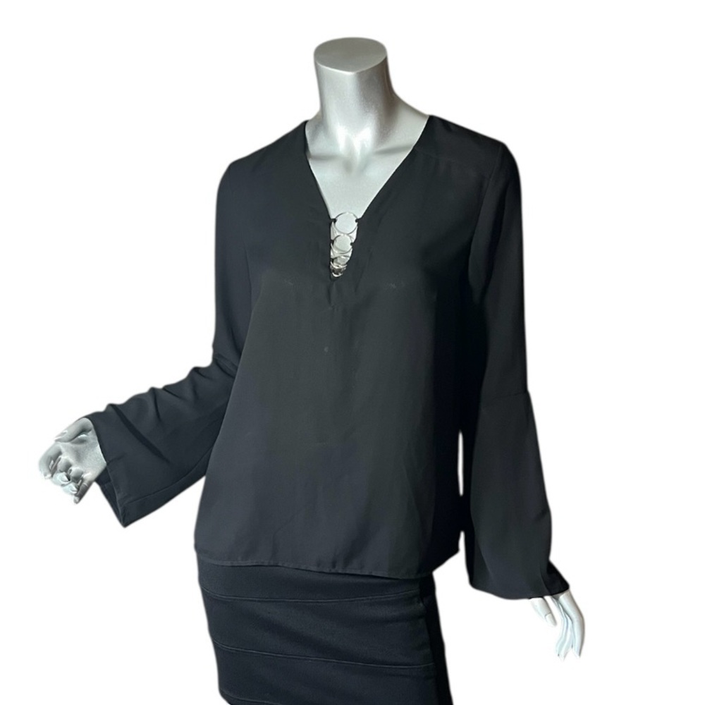 Goldray Women's SMALL Black Blouse Long Bell Sleeve Metal Ring V Neck Top